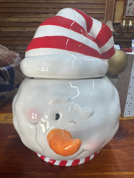 Snowball cookie jar w/ red & white hat - Market Row